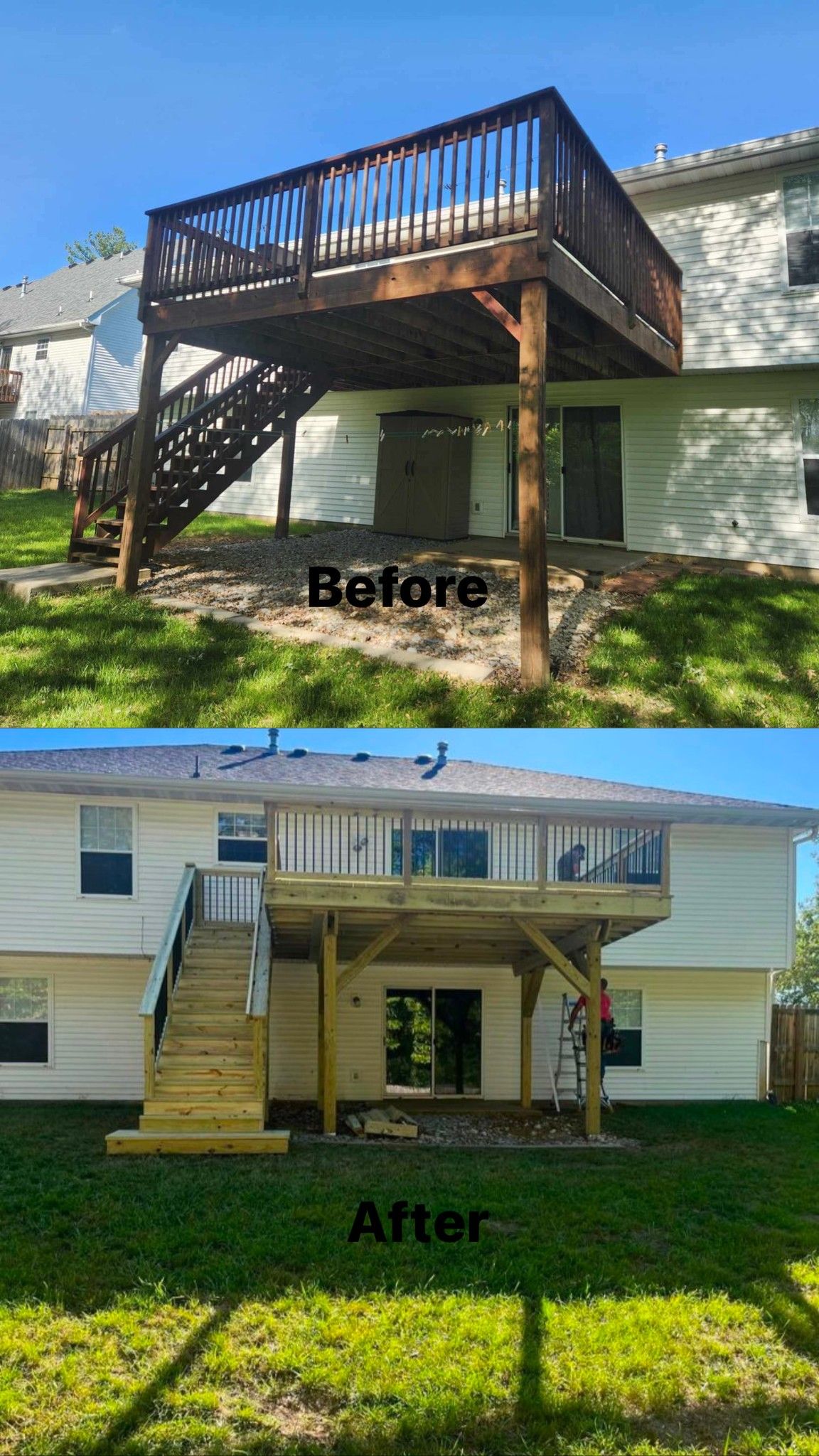 Before and after comparison of a home deck renovation, showing the replacement of dark wood with lighter, fresh lumber.