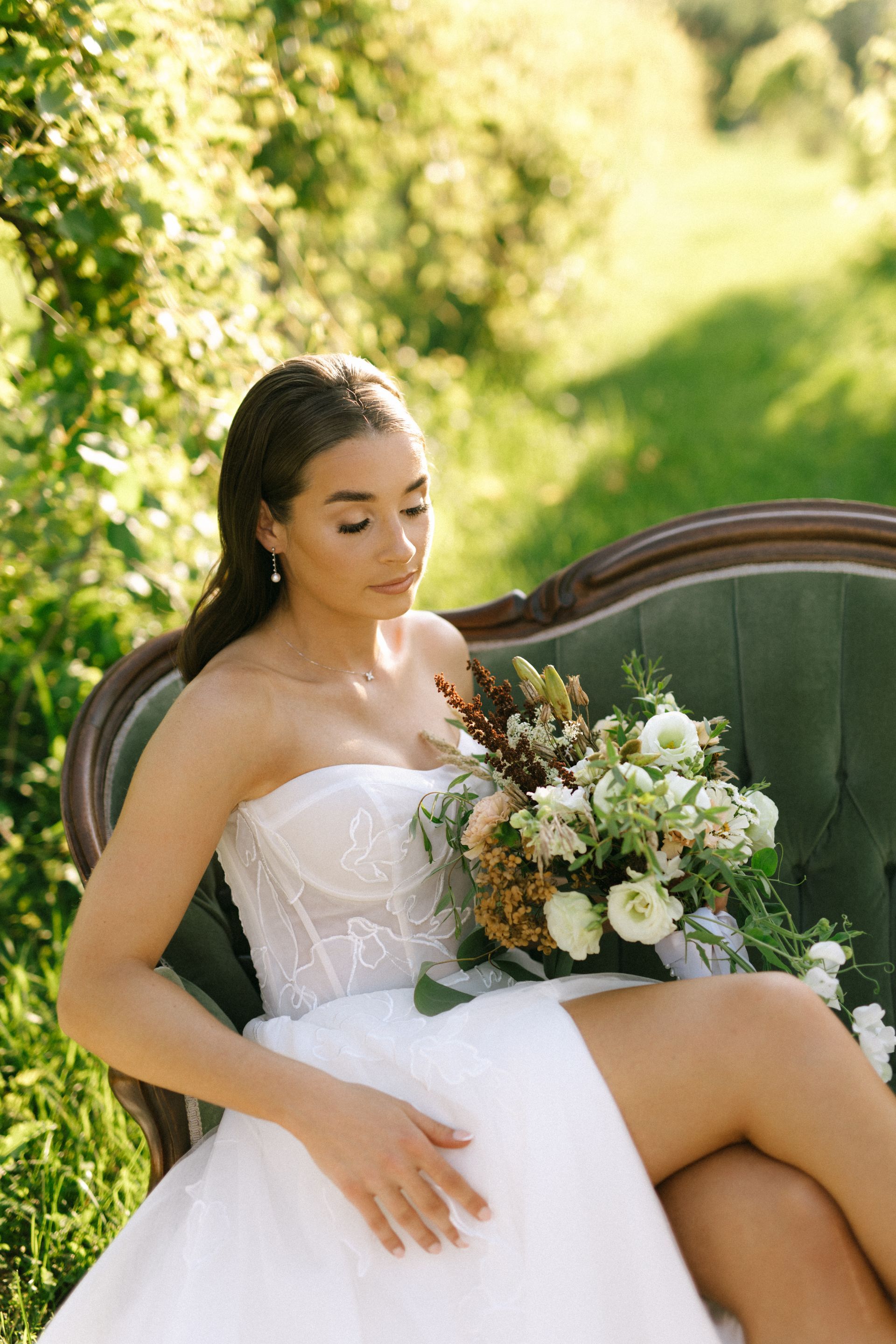 Bride and vintage green couch