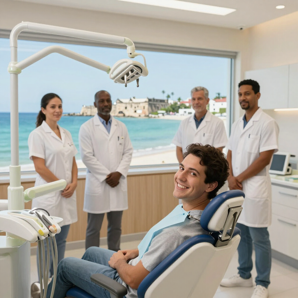 International patient smiling in modern dental tourism clinic in Cartagena Colombia