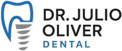 Logo of Dr. Julio Oliver Dental. Blue and gray tooth illustration with name in black and 