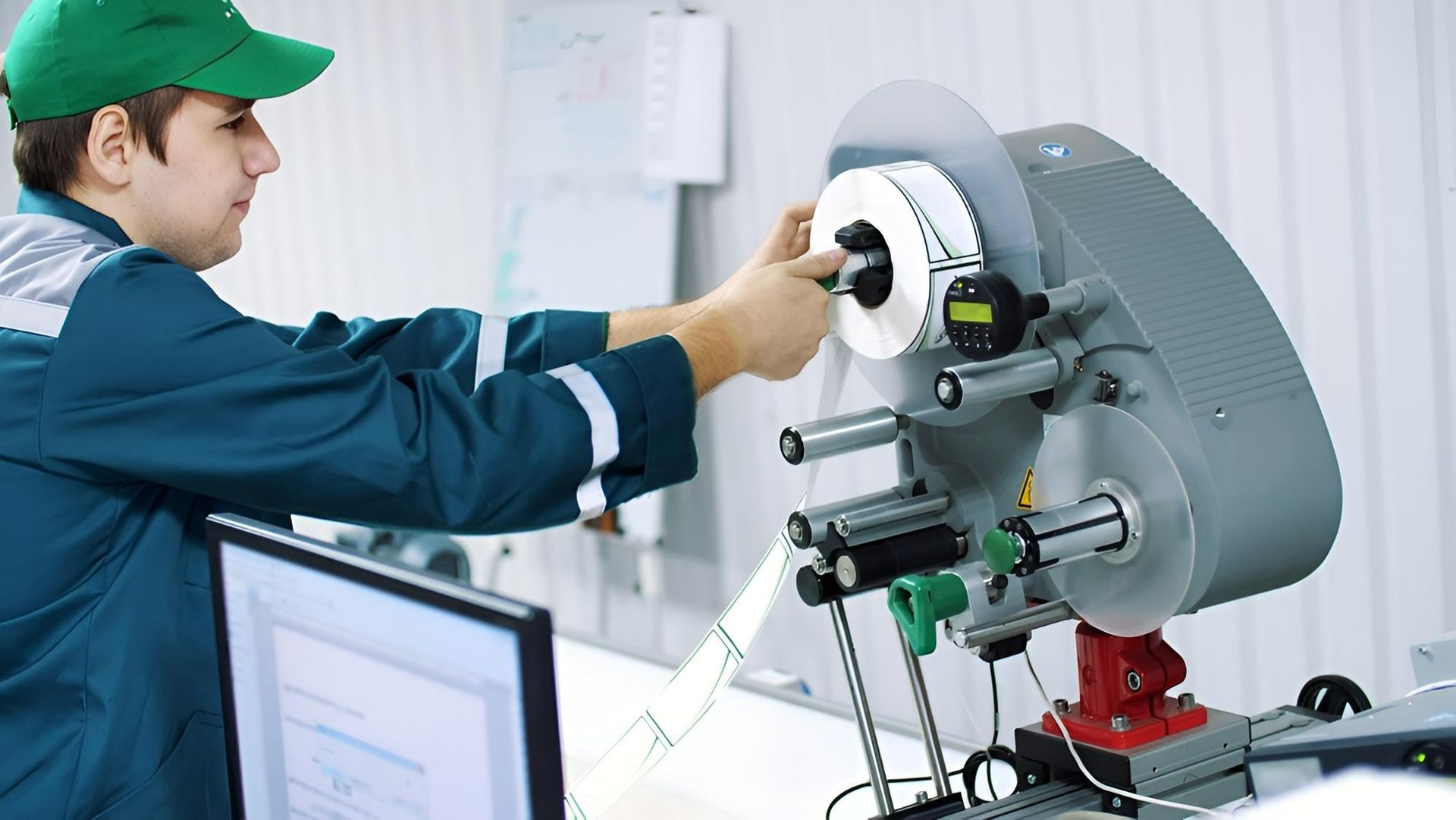 Man in Work Attire Loading a Label Roll Into a Machine. He Wears a Green Cap and is in a Factory Setting — C & D Manufacturing In Caboolture, QLD