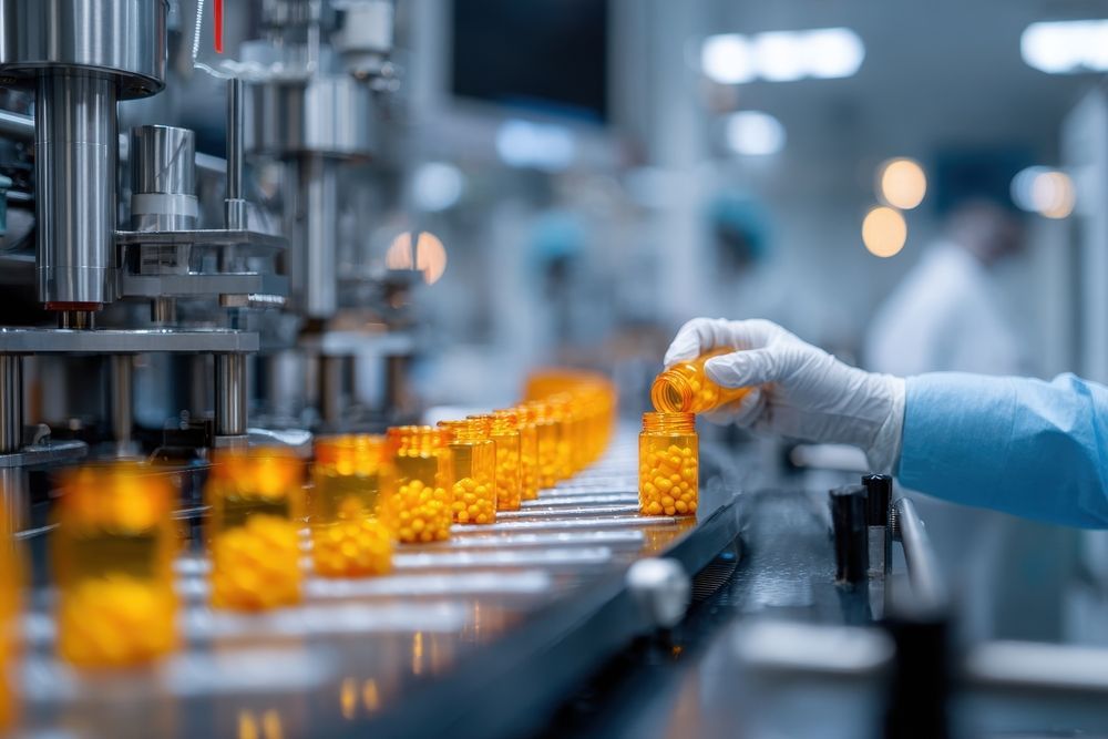 Pharmaceutical Factory Assembly Line, With a Gloved Worker Handling Orange Pill Bottles — C & D Manufacturing In Caboolture, QLD