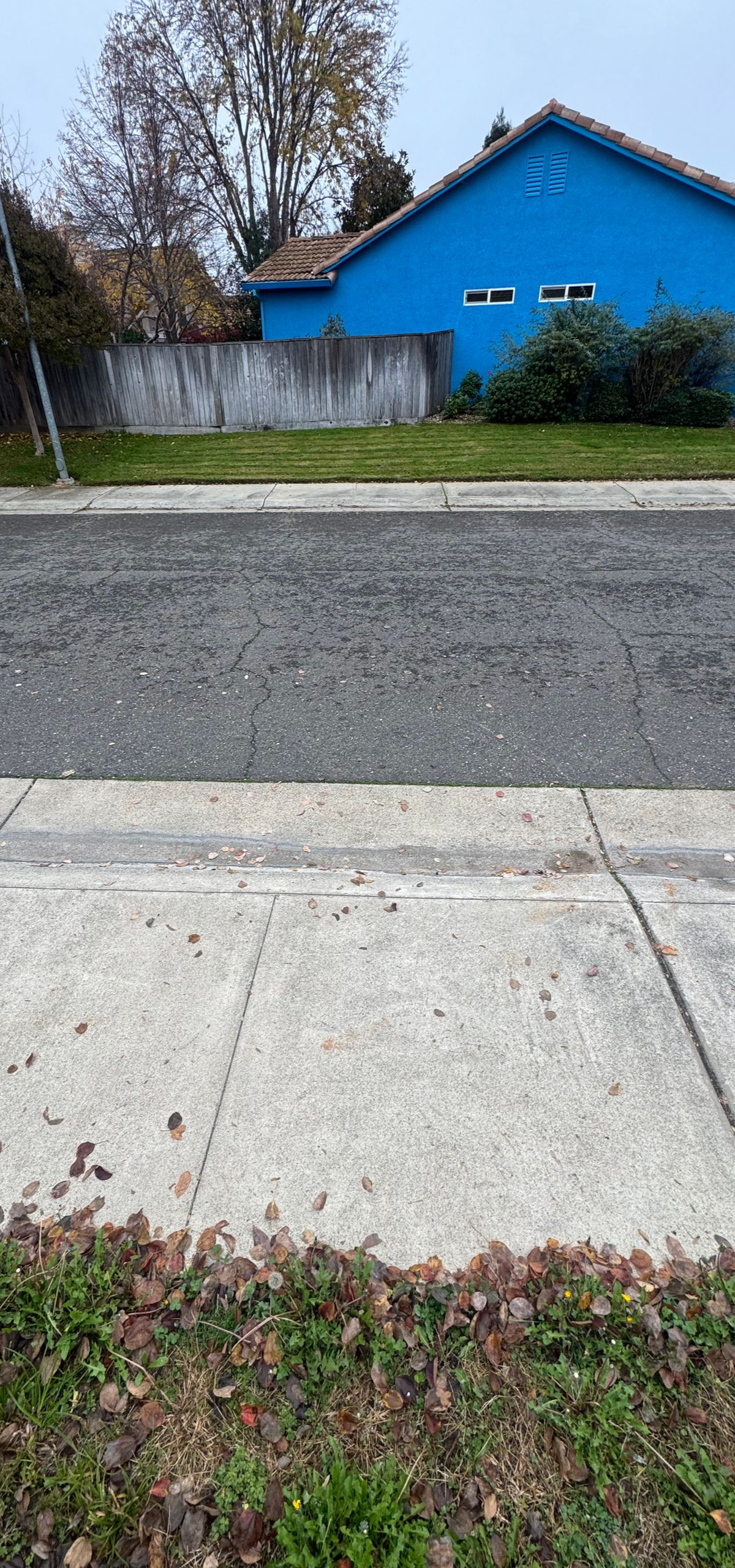 A blue house with a fence and a sidewalk.