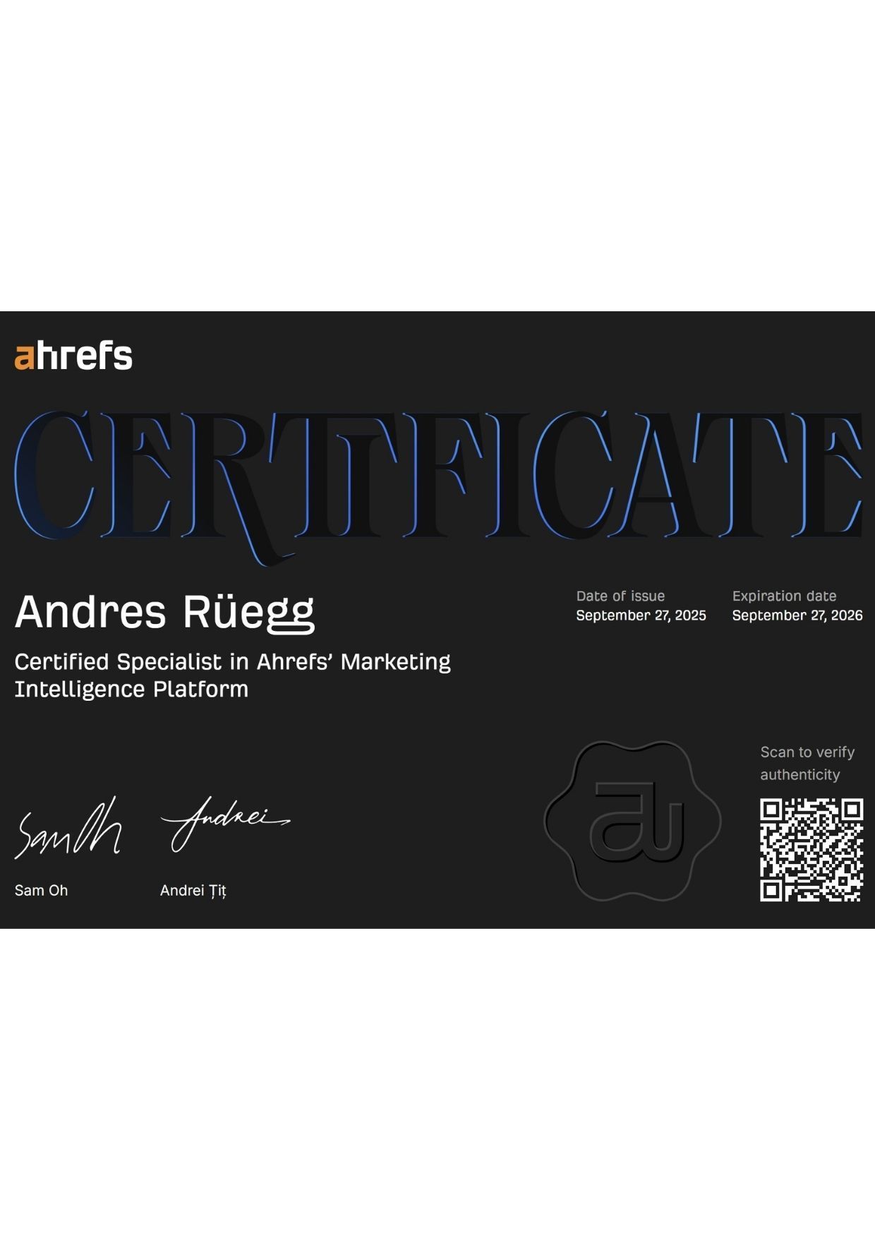 SEO-Zertifikat Ahrefs von Andres Rüegg