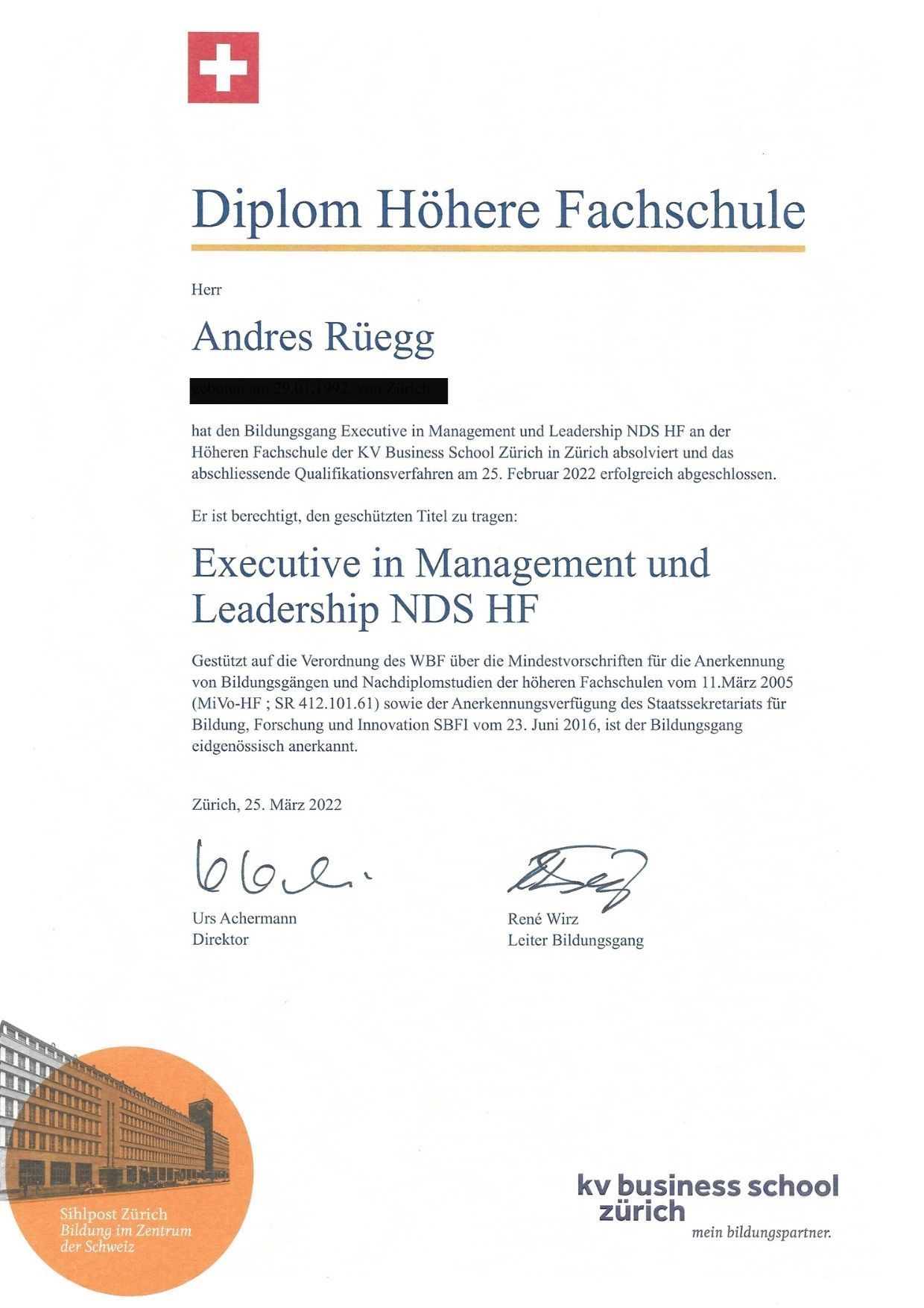 Diplom Höhere Fachschule von Andres Rüegg