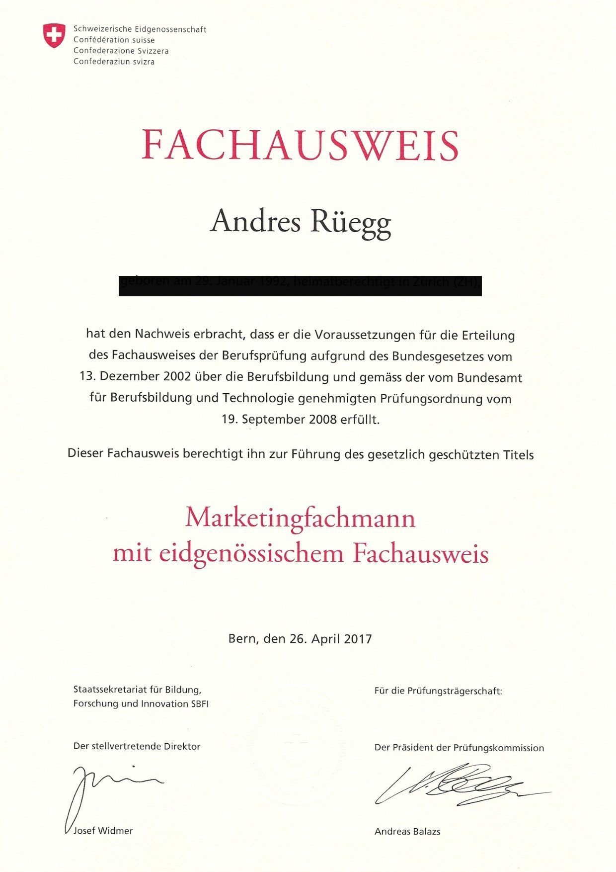 Eidg. Fachausweis Marketingfachmann von Andres Rüegg