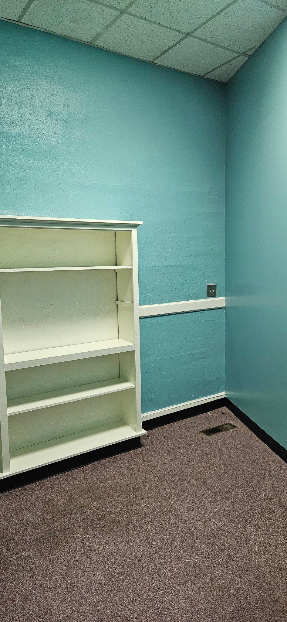 A small, empty room with a blue textured wall and a white bookshelf. The floor is brown carpet.