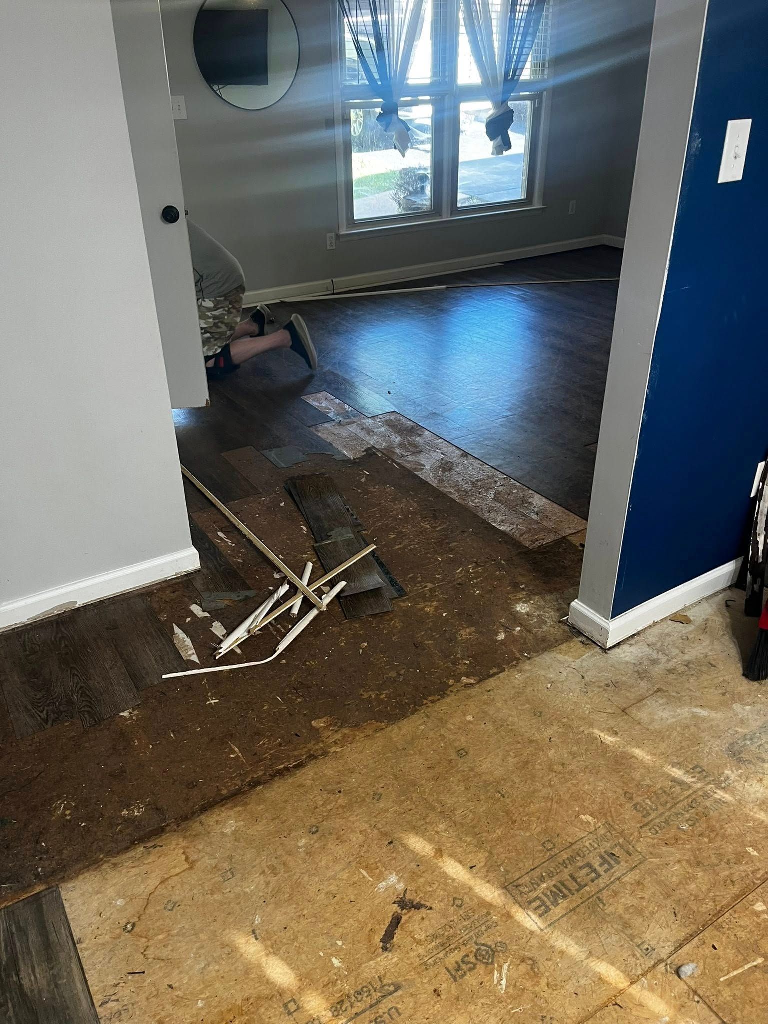 Damaged wood flooring with exposed subfloor, doorway to a room with windows.