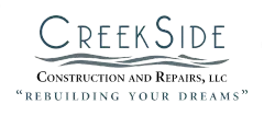 Logo for CreekSide Construction and Repairs, LLC. Features text, wave graphic, and tagline "Rebuilding Your Dreams."