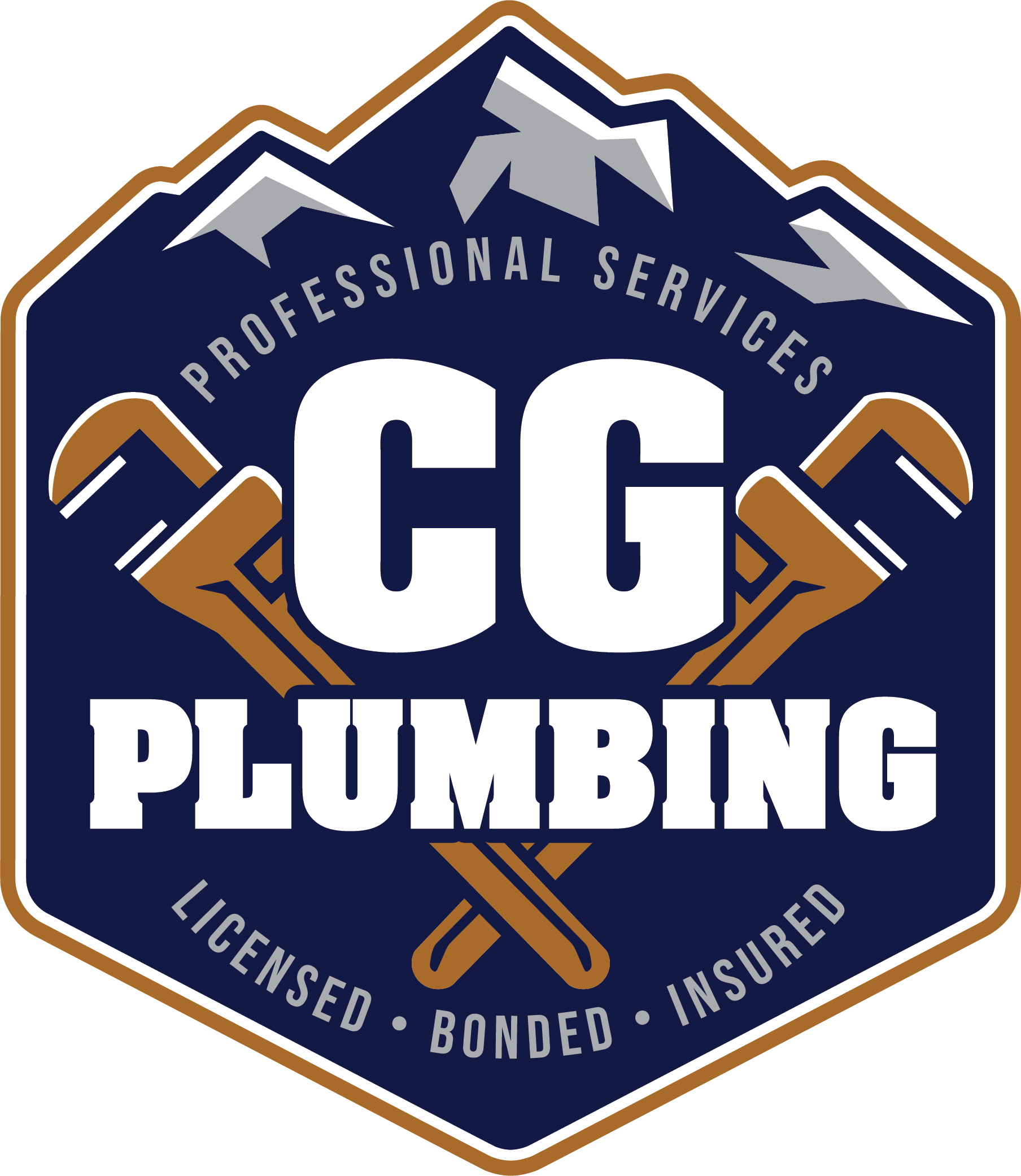 CG Plumbing logo: Blue and tan hexagon with crossed wrenches, mountains, and text.