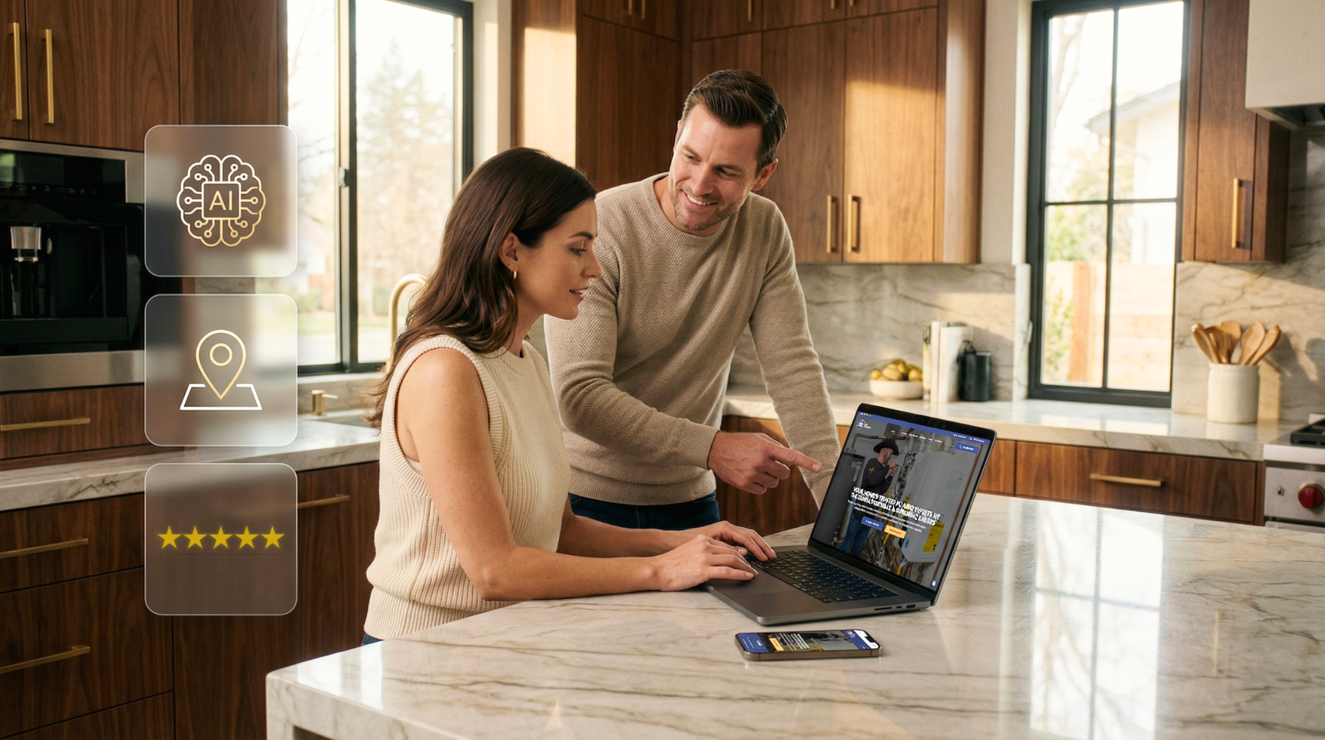 Beautiful young couple looking at a website on a laptop in their luxurious kitchen.