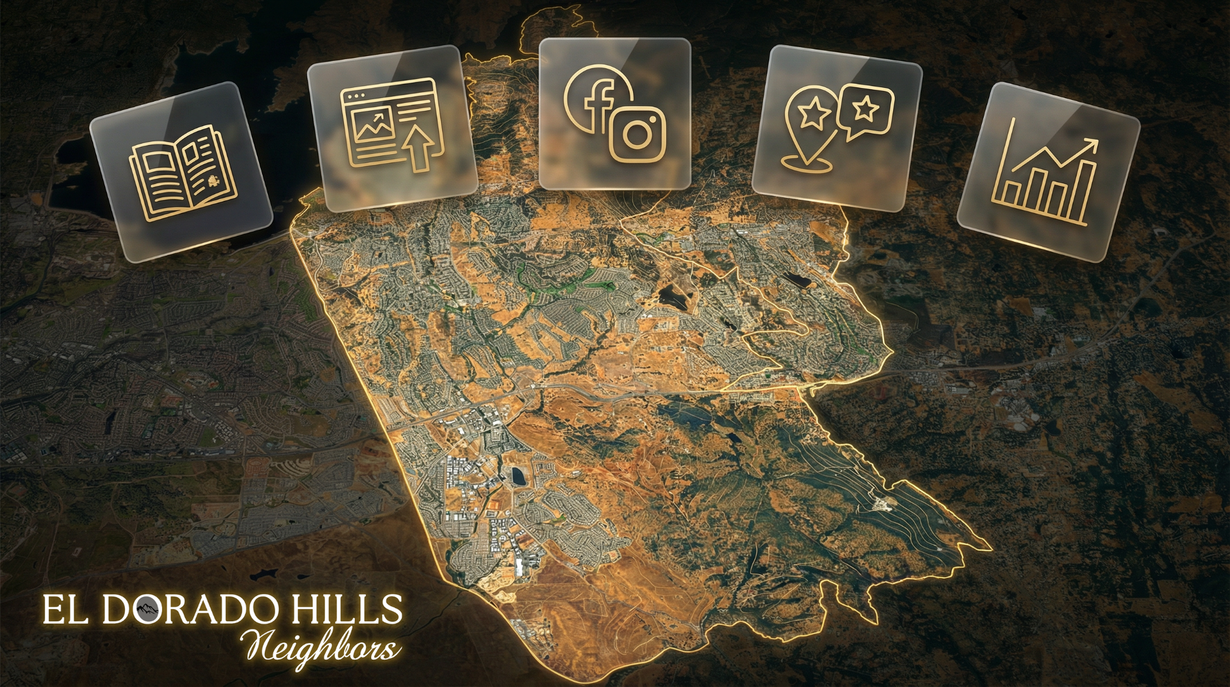 Map of El Dorado Hills Market Aerial view map of El Dorado Hills with floating glass icons showing local services.
