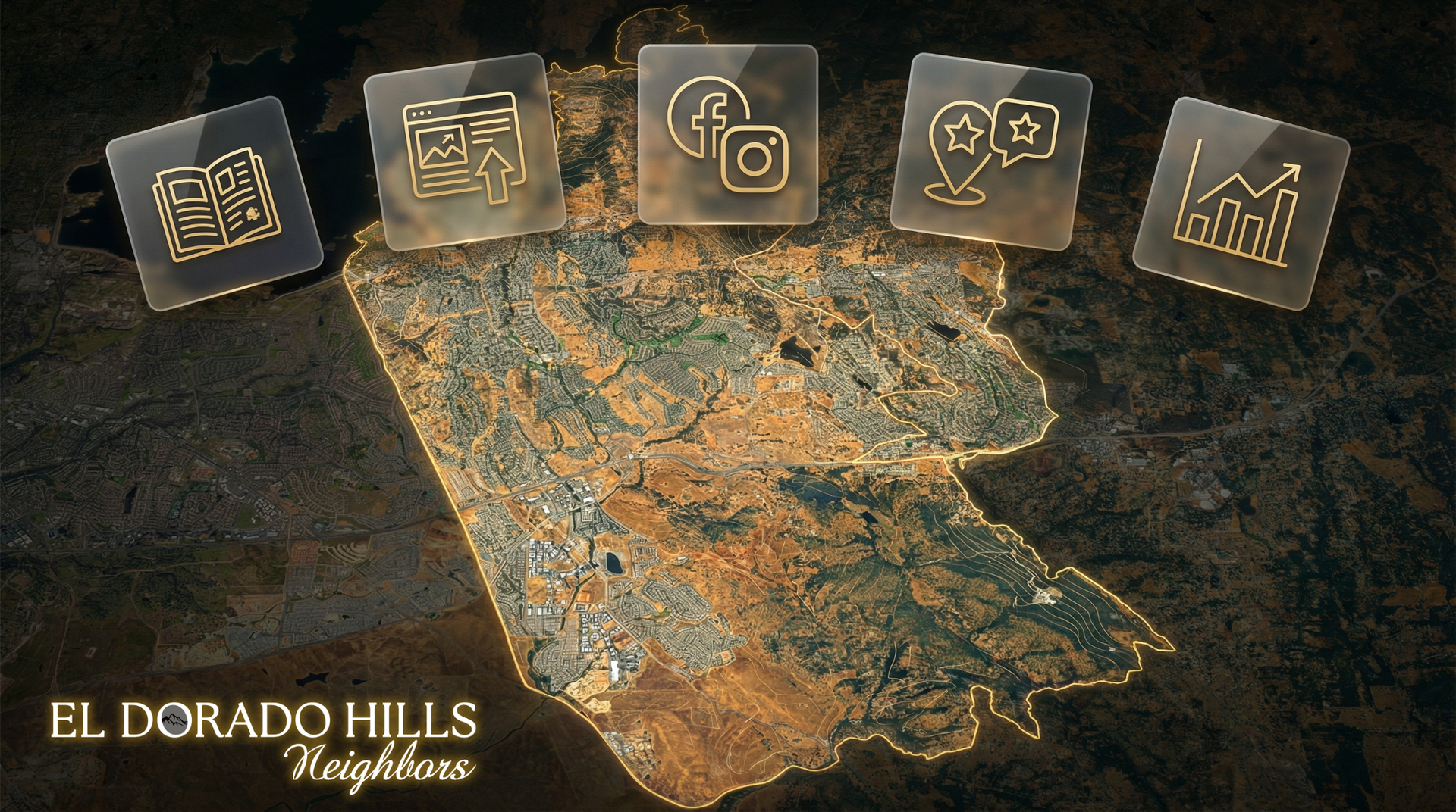 Aerial view map of El Dorado Hills with floating glass icons showing local services.
