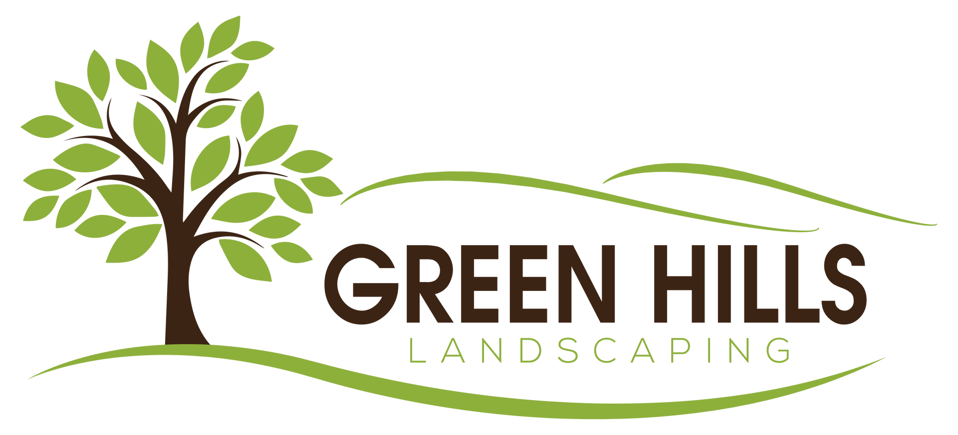 Logo for Green Hills Landscaping: tree with green leaves, brown trunk, and hills in green. Text says 