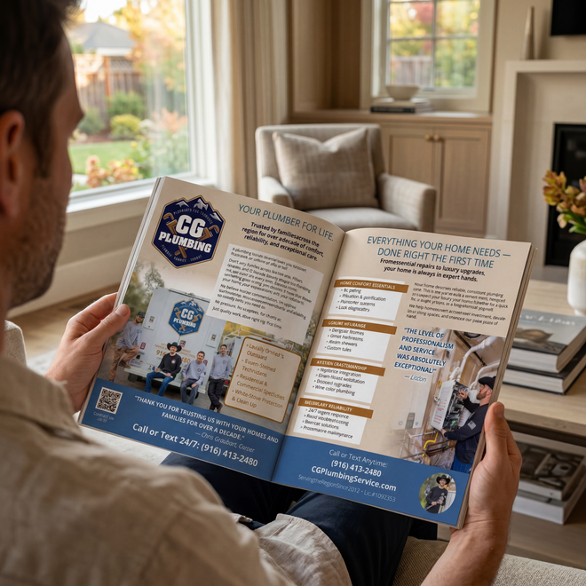 Magazine cover featuring couple on a deck with a flower pot. Homeowner reading a magazine in his living room. Page open to a 2 page ad of a local plumber.
