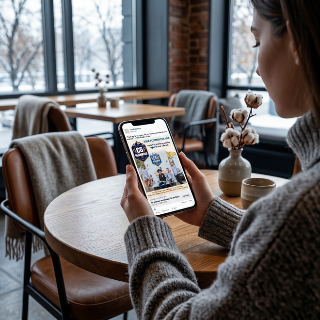 Cover of Woman looking at an ad of a local plumber on her smart phone in a cafe.
