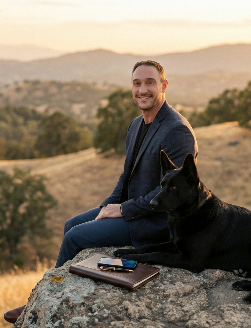 Man in suit sits on stool and wooden box. Dark setting, smiling, looking at camera. Man in suit sits beside a black dog during sunset over looking the foothills. Smiling at the camera.