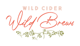 A logo for wild cider brews with a vine and leaves on a white background.