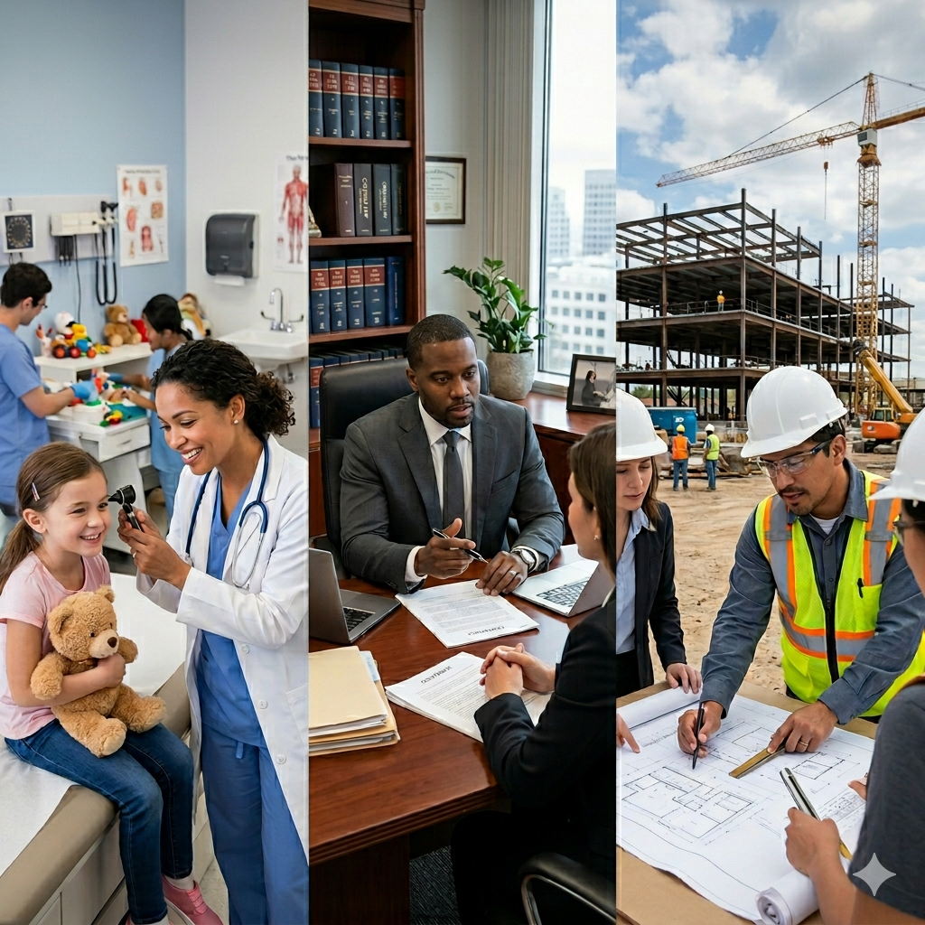 Incorporated professionals. Healthcare, lawyers, and engineers in a three-panel collage. Corporate tax strategy, investment planning, business insurance integration