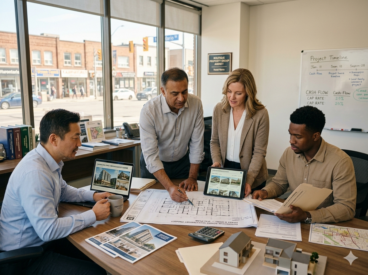 Four coworkers reviewing building plans and a laptop around a table in a bright office