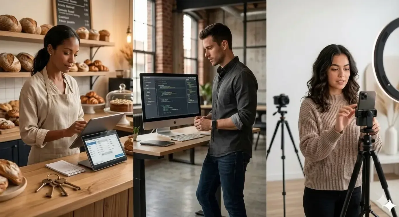 Four coworkers review documents at a table beside large windows in a bright office.