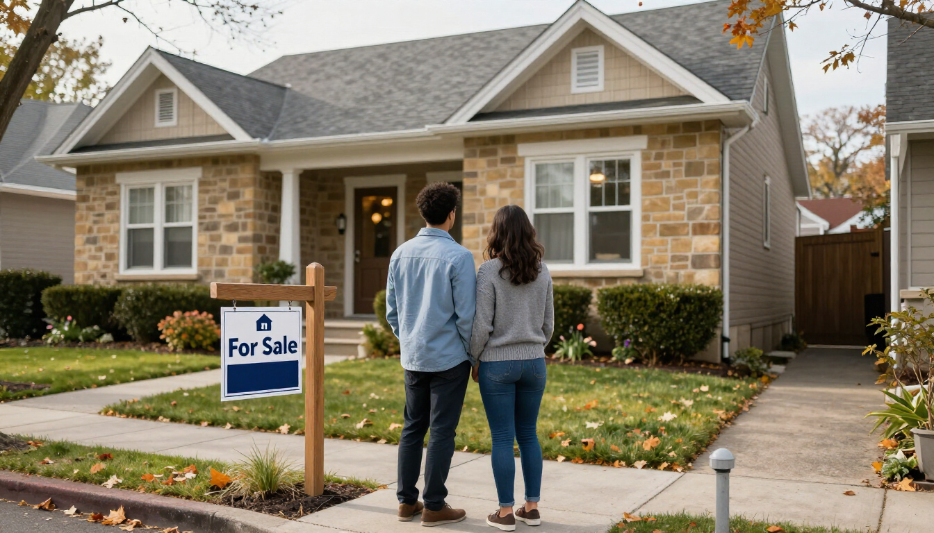 Couple packing boxes in a sunlit living room, one labeled “The Good Years” and “Downsizing.”