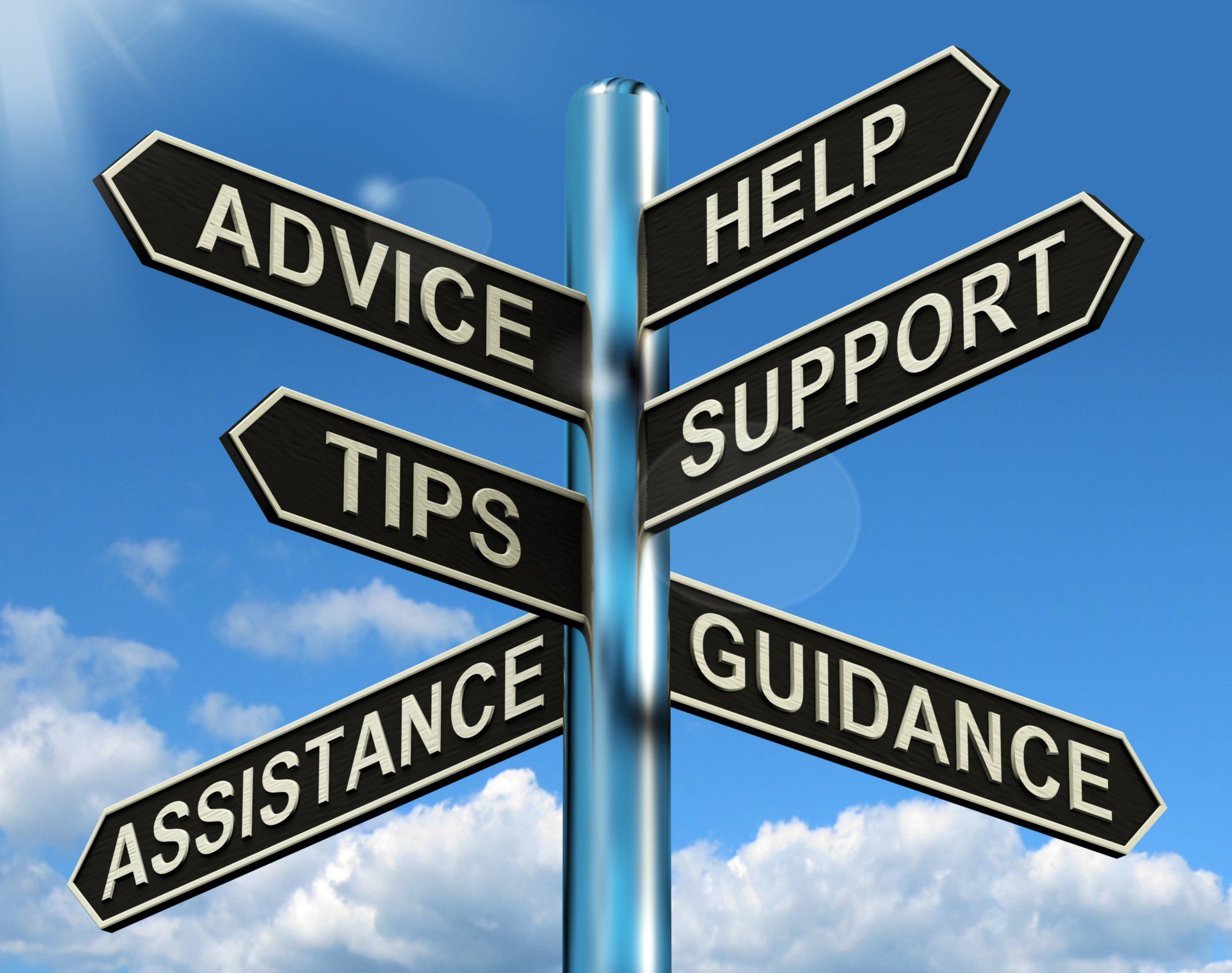 Sign with the words advice, help, support, tips, assistance, and guidance in areas like investments, insurance, and mortgages