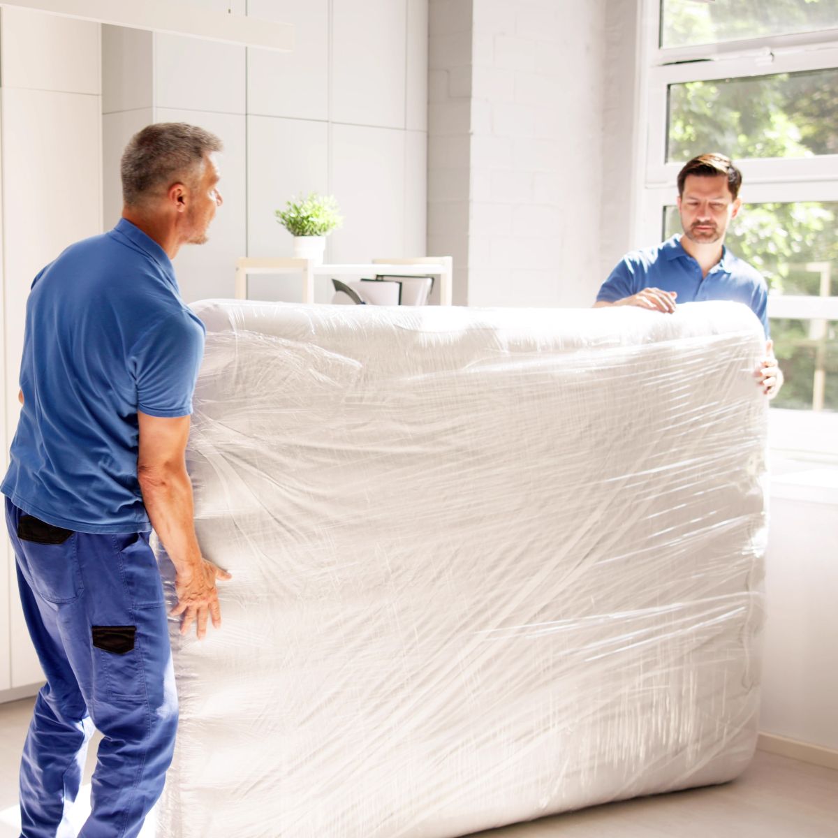 Two men are carrying a large white mattress wrapped in plastic.