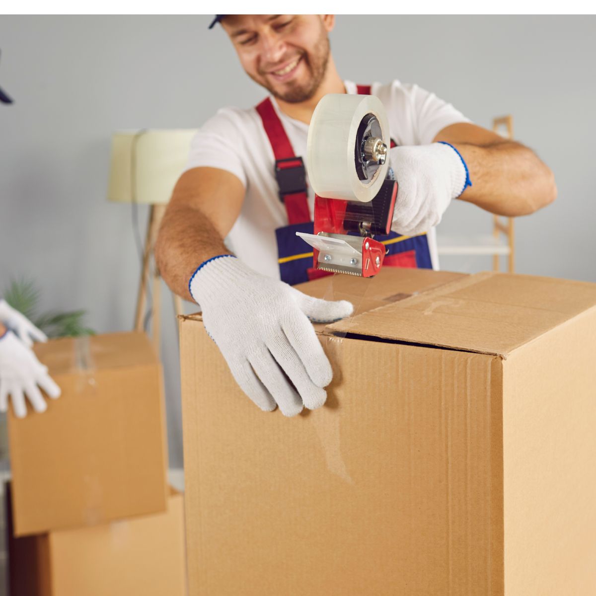 A man is taping a cardboard box with tape