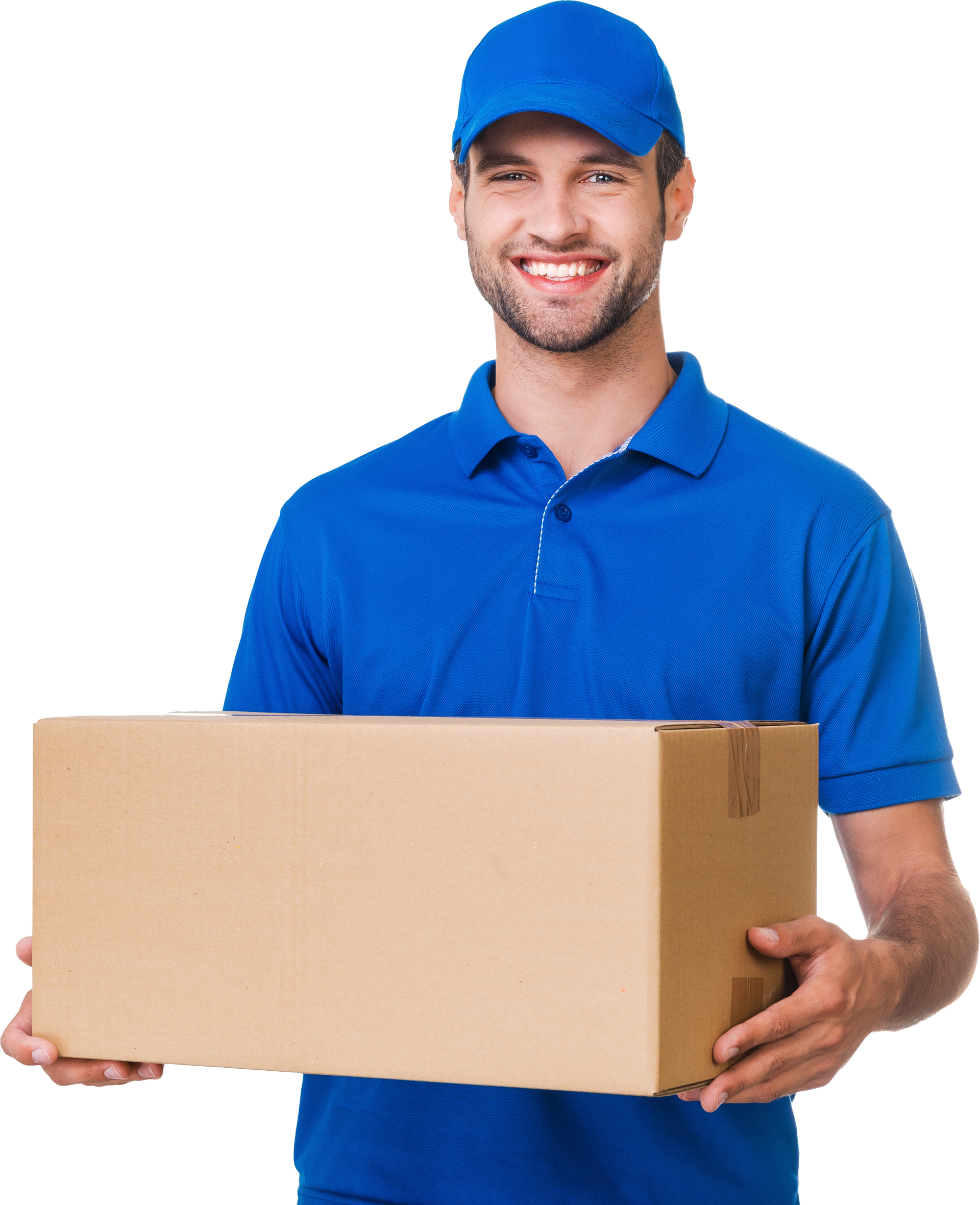 A delivery man in a blue shirt is holding a cardboard box