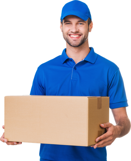 A delivery man in a blue shirt is holding a cardboard box