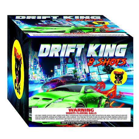 A box of drift king fireworks with a green car on it.