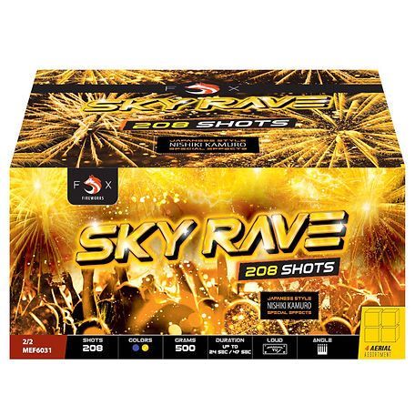 A box of sky rave 206 shots fireworks.