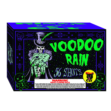 A box of voodoo rain fireworks with a skeleton in a top hat.