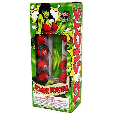 A box of zombie blaster fireworks with a woman holding a skull.