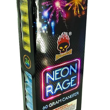 A box of neon rage 60 gram canister fireworks