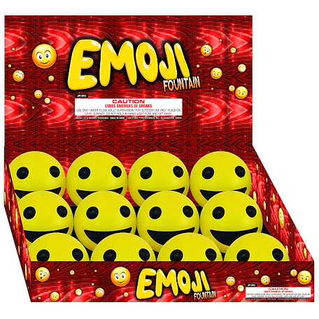 A box of emoji fountain fireworks with smiley faces on them