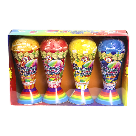A box of four ice cream cones with different flavors.