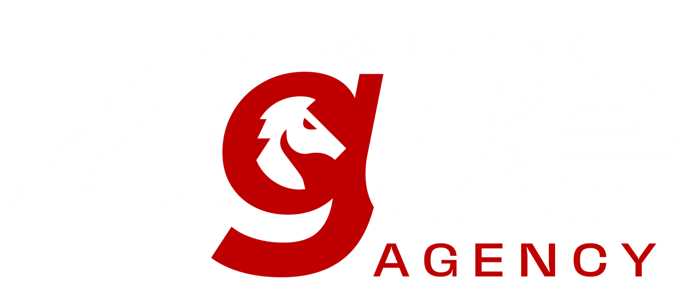 Logotipo rojo con una cabeza de caballo dentro de una