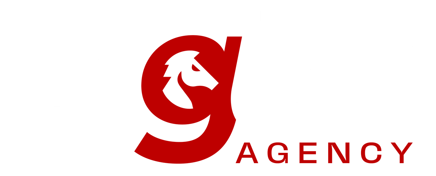 Logotipo rojo con una cabeza de caballo dentro de una