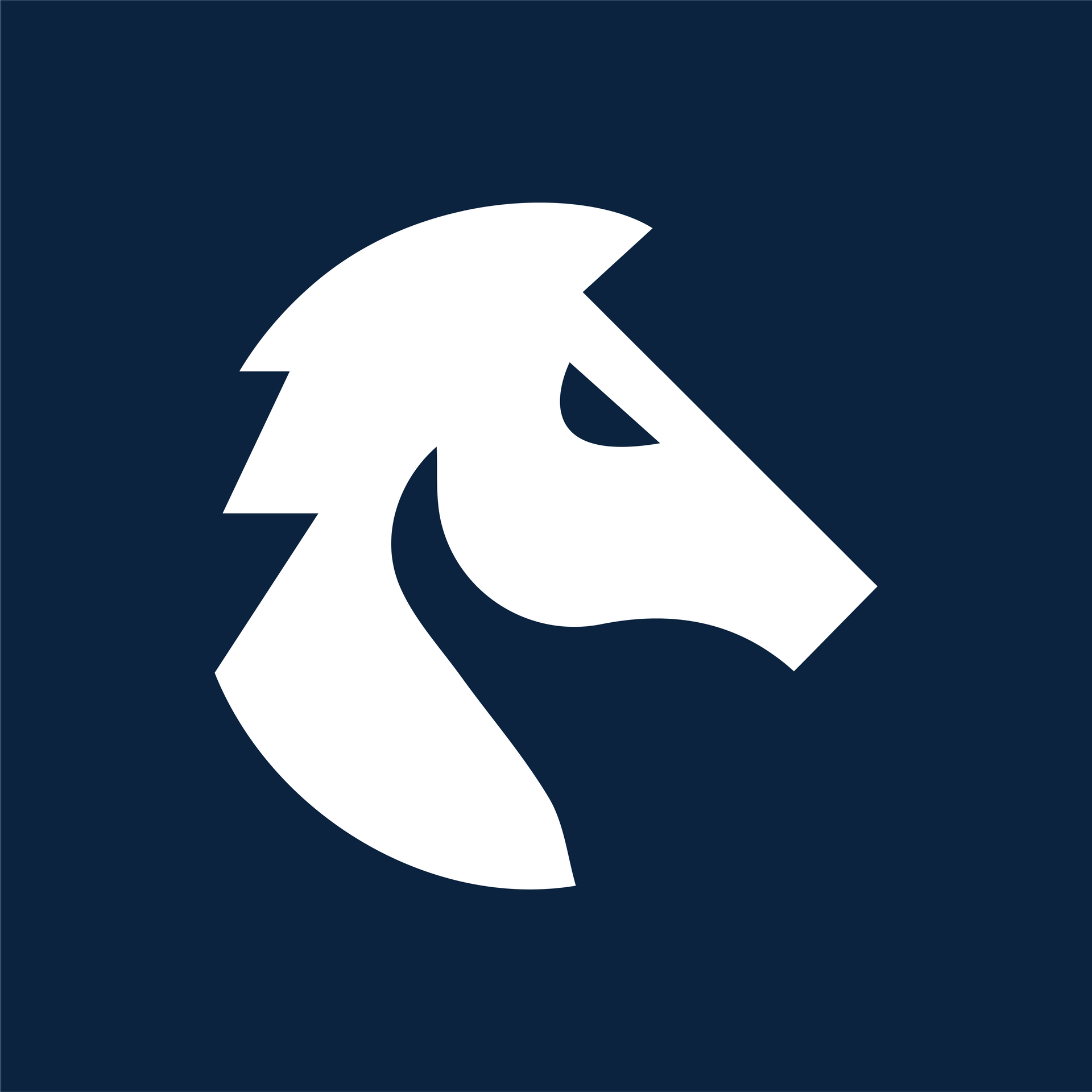 Cabeza de caballo estilizada de color blanco sobre fondo azul marino.