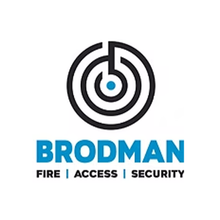 Logo for Brodman: a stylized circular black maze icon with a blue center dot above the blue text 