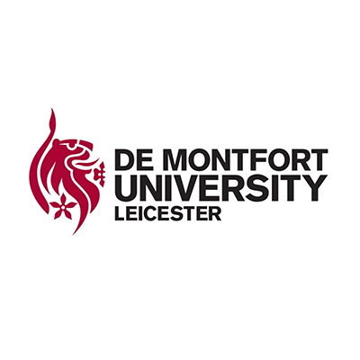 The burgundy logo for De Montfort University Leicester, featuring a stylized lion and text on a white background.