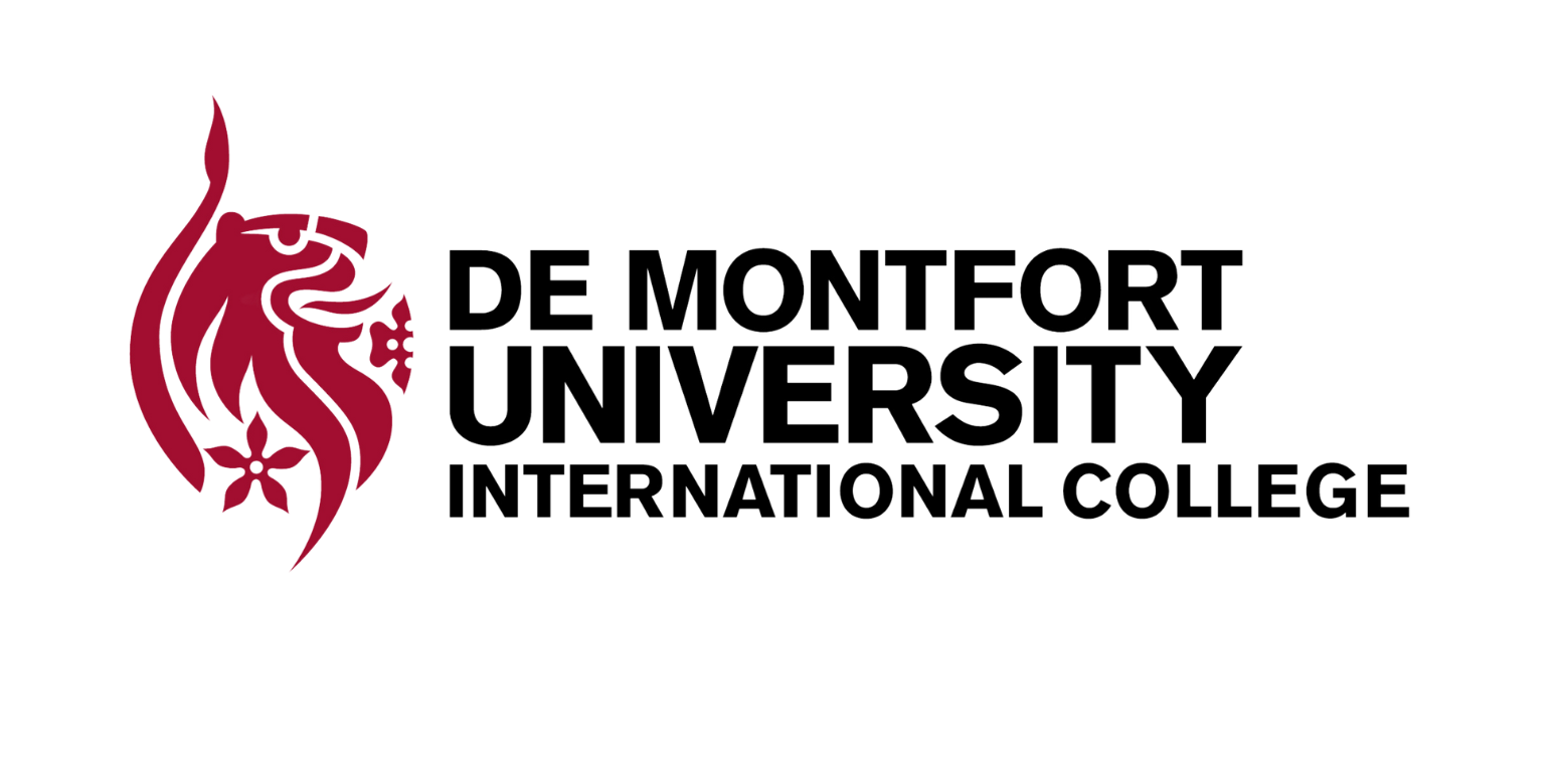 Logo for De Montfort University International College, featuring a stylized maroon lion icon beside the black text.