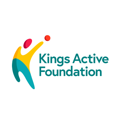 Logo for Kings Active Foundation: a stylized, abstract figure reaching for a red ball, next to the organization's name.