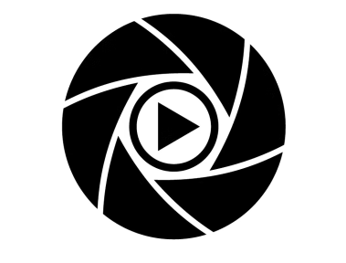 A black-and-white icon featuring a camera lens aperture surrounding a centered play button.