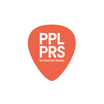 The PPL PRS logo featuring white text on an orange guitar pick shape, with the tagline