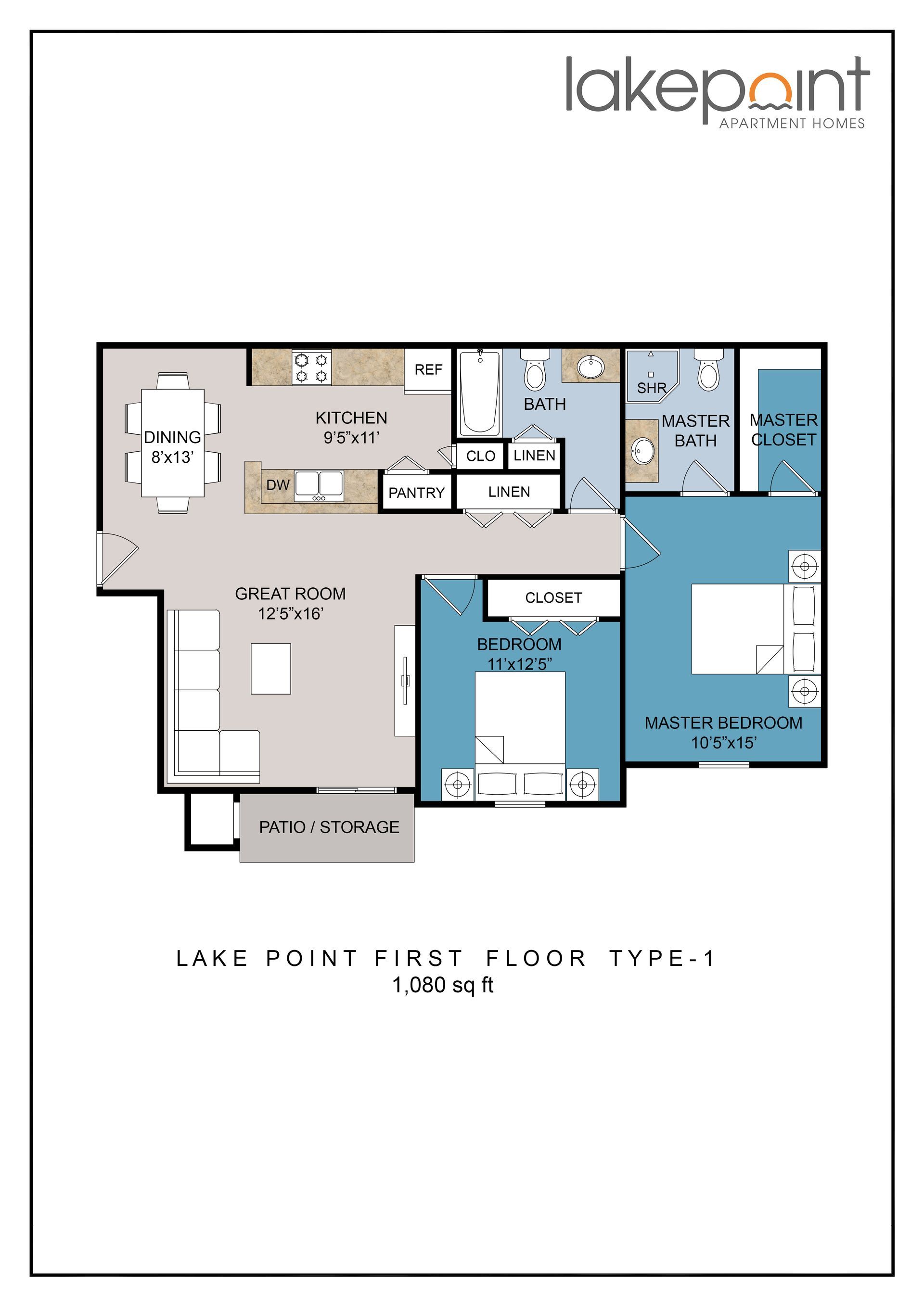 Floor plan of a Lake Point apartment unit, first floor, type 1. Includes bedroom, bath, kitchen, living, and balcony.