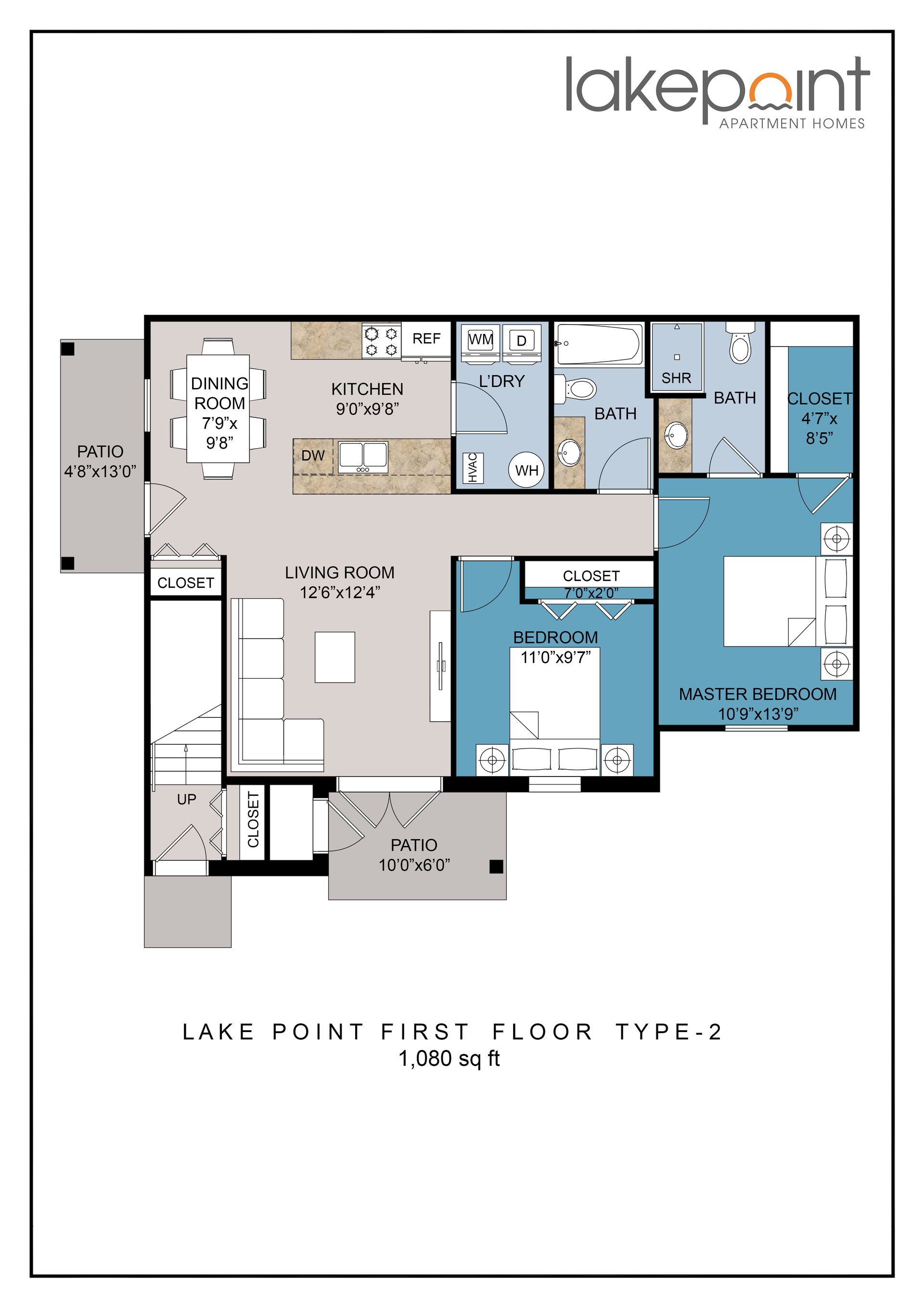 Floor plan of a Lake Point apartment, showing layout of first floor, with room labels.