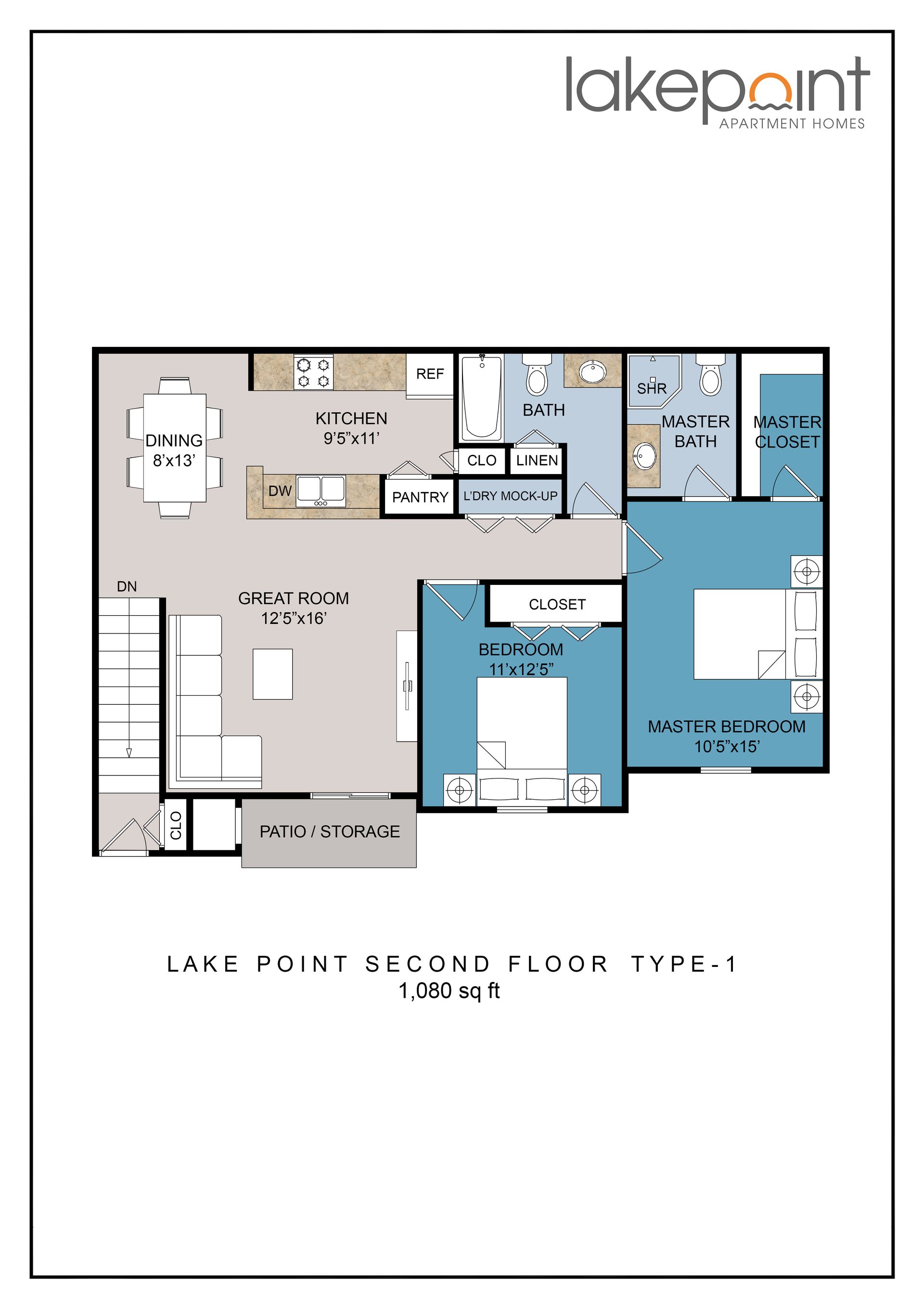 Floor plan of a second-floor apartment, with kitchen, living area, bedroom, and bathroom labeled.